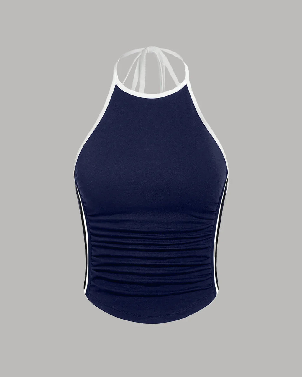 Sporty Ruched Halter Neck Racerback Top in Navy Blue & White
