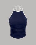 Sporty Ruched Halter Neck Racerback Top in Navy Blue & White