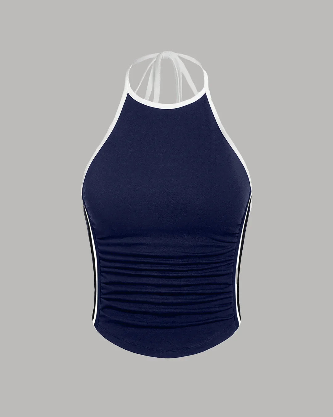 Sporty Ruched Halter Neck Racerback Top in Navy Blue & White