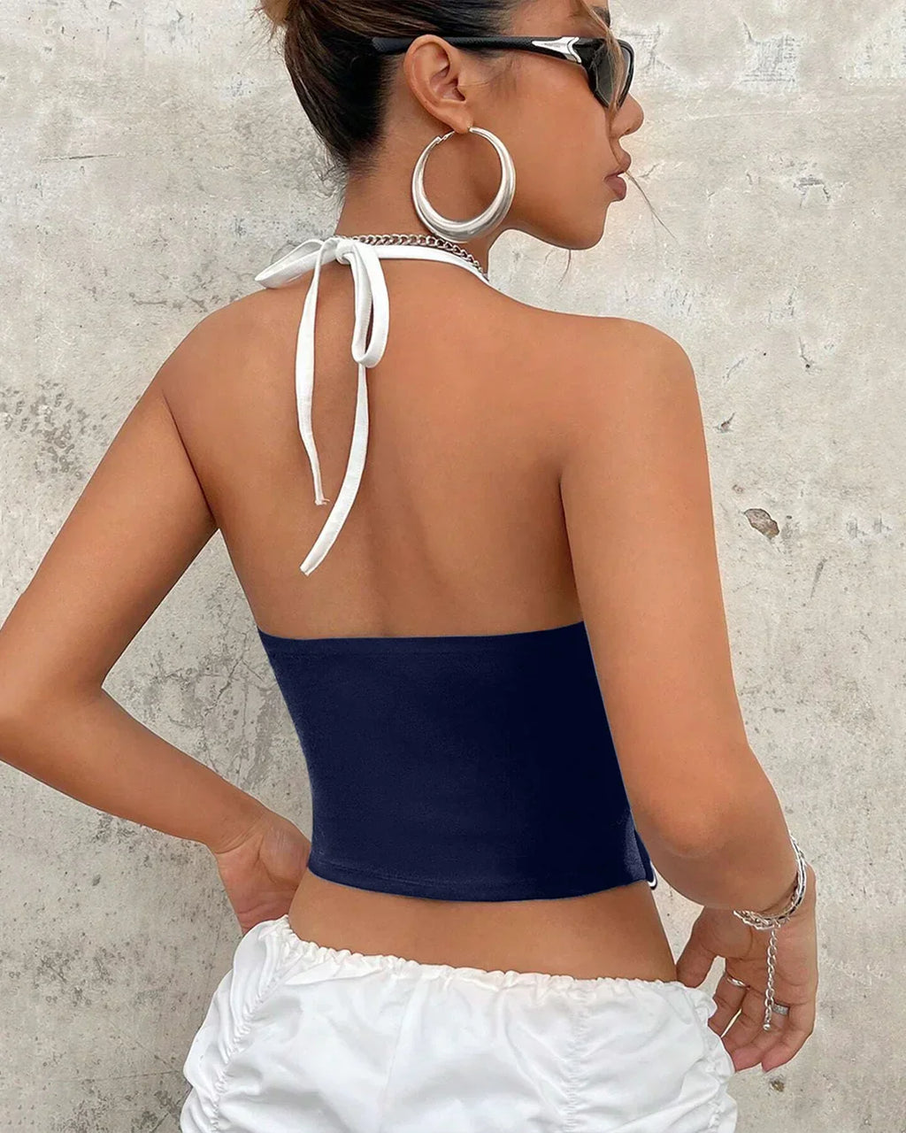 Sporty Ruched Halter Neck Racerback Top in Navy Blue & White