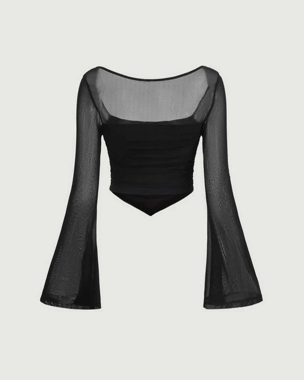 Square Neck Bell Sleeve Asymmetrical Sheer Mesh Black Crop Top