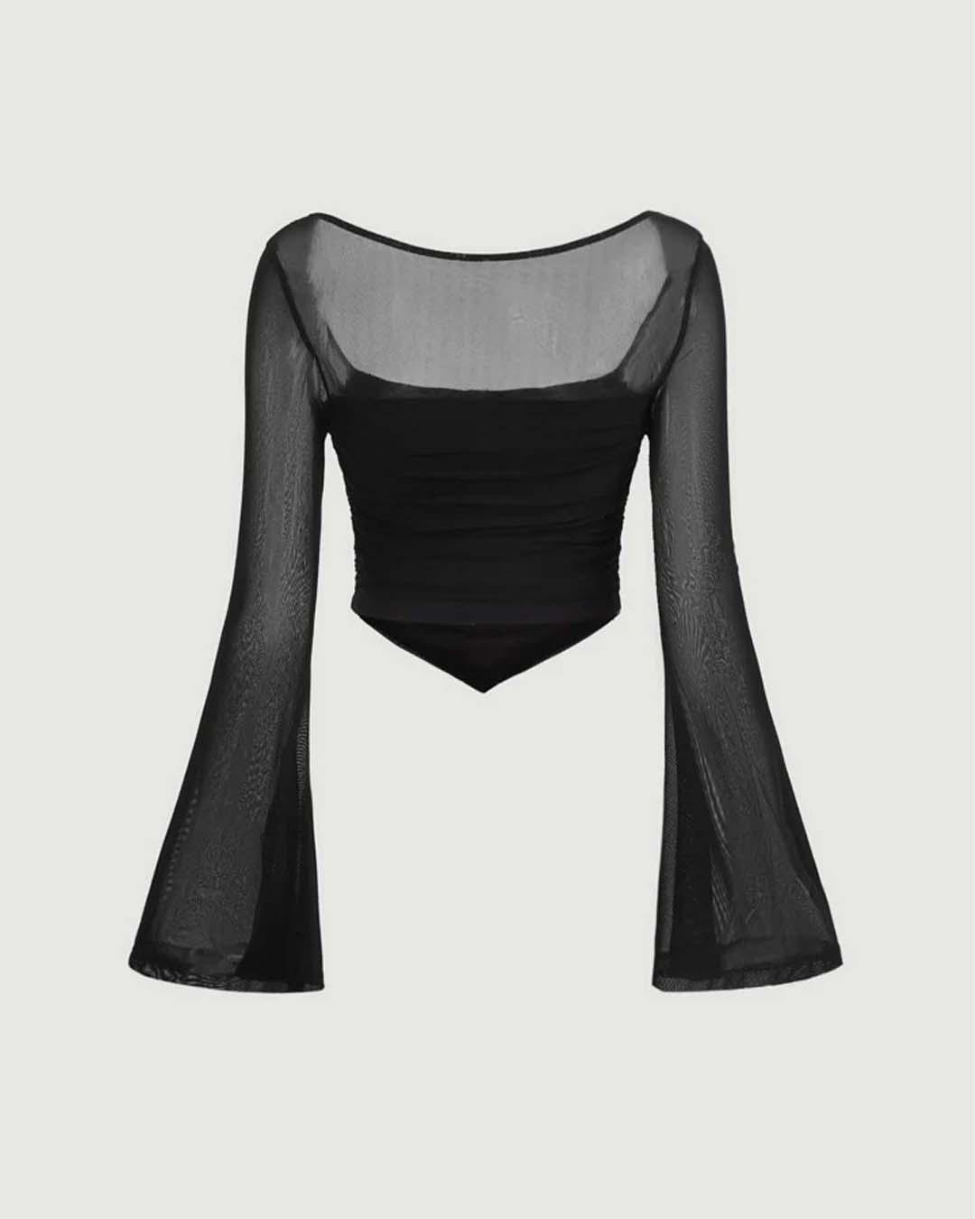 Square Neck Bell Sleeve Asymmetrical Sheer Mesh Black Crop Top