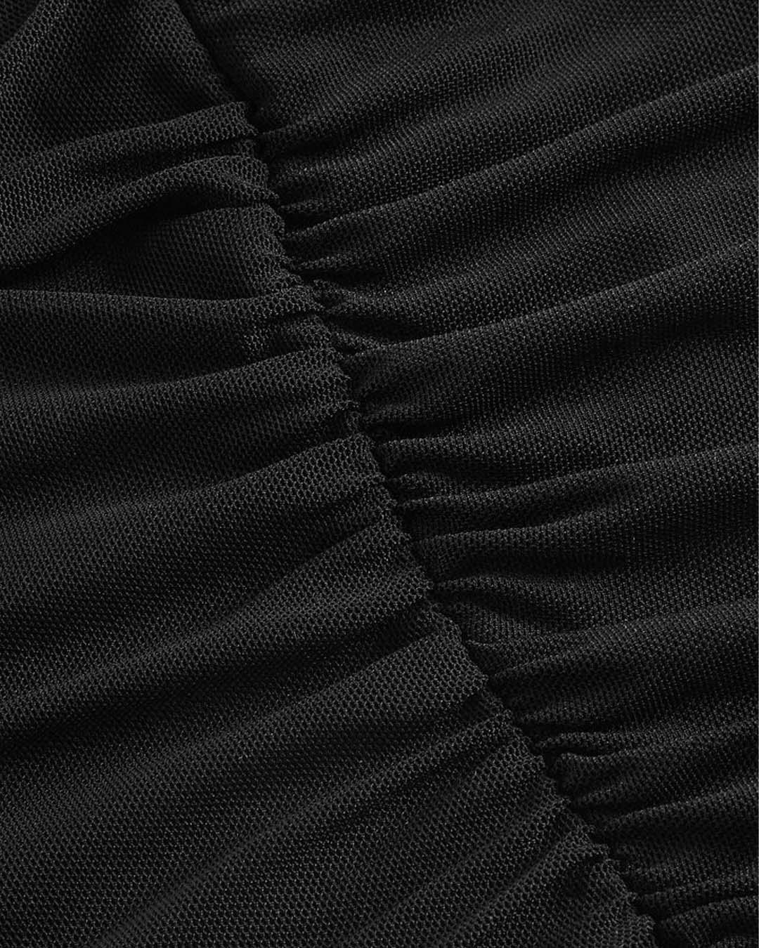 Square Neck Bell Sleeve Asymmetrical Sheer Mesh Black Crop Top