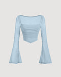 Square Neck Bell Sleeve Asymmetrical Sheer Mesh Blue Crop Top