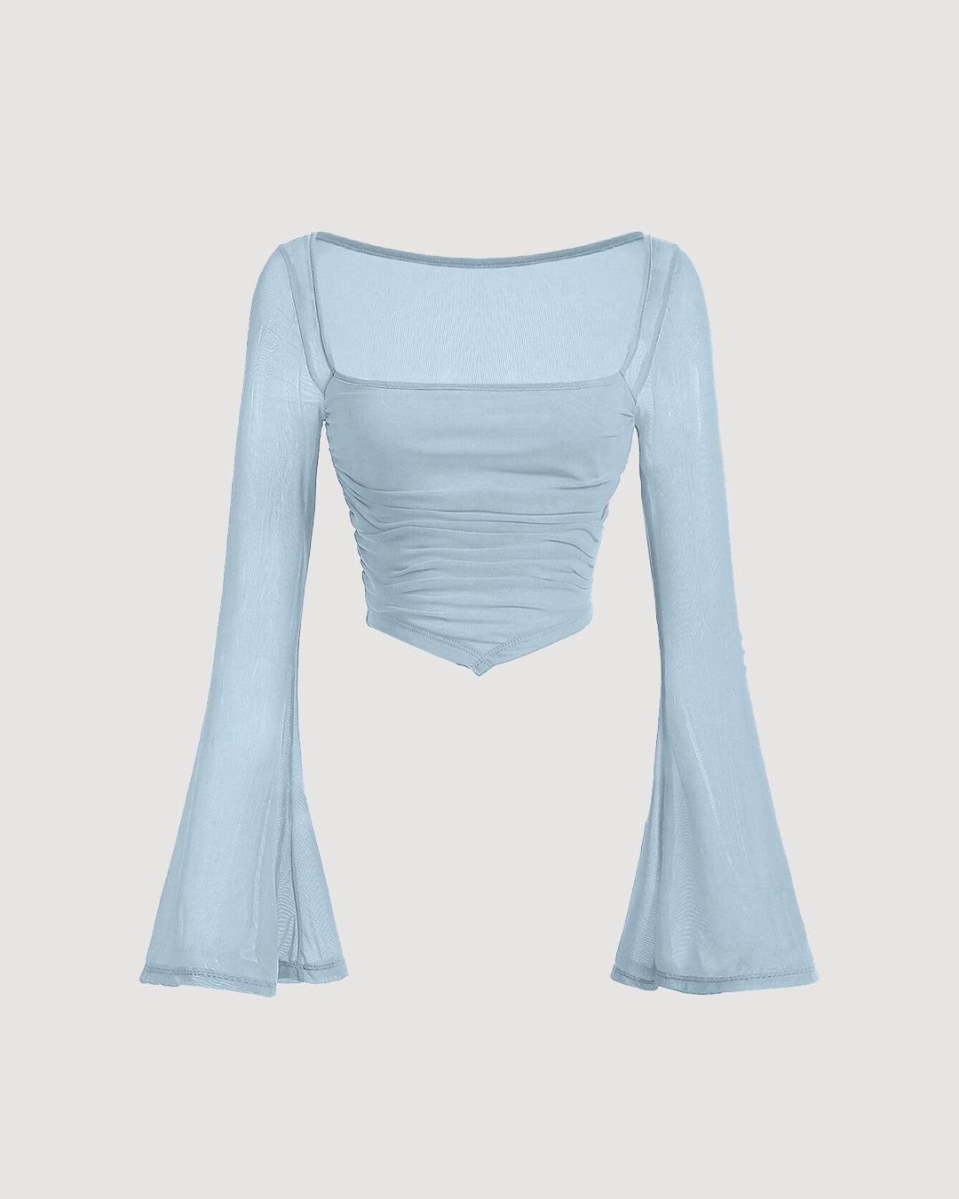Square Neck Bell Sleeve Asymmetrical Sheer Mesh Blue Crop Top