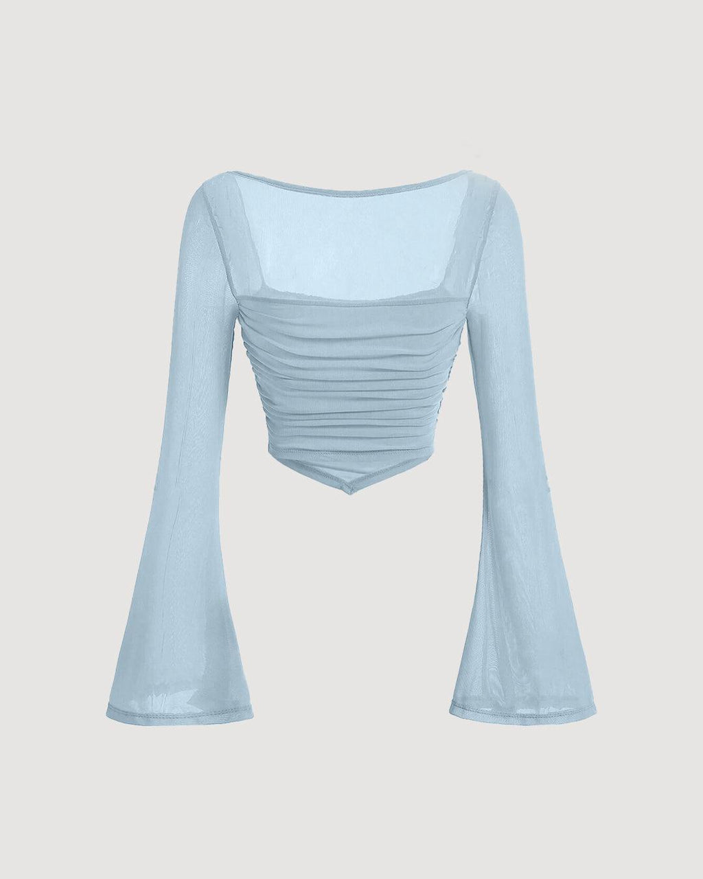 Square Neck Bell Sleeve Asymmetrical Sheer Mesh Blue Crop Top