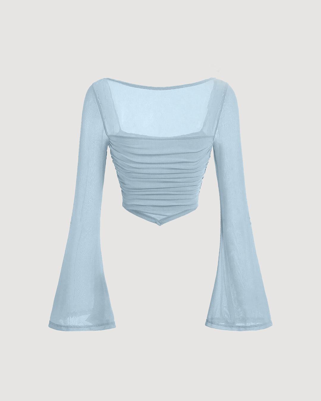 Square Neck Bell Sleeve Asymmetrical Sheer Mesh Blue Crop Top