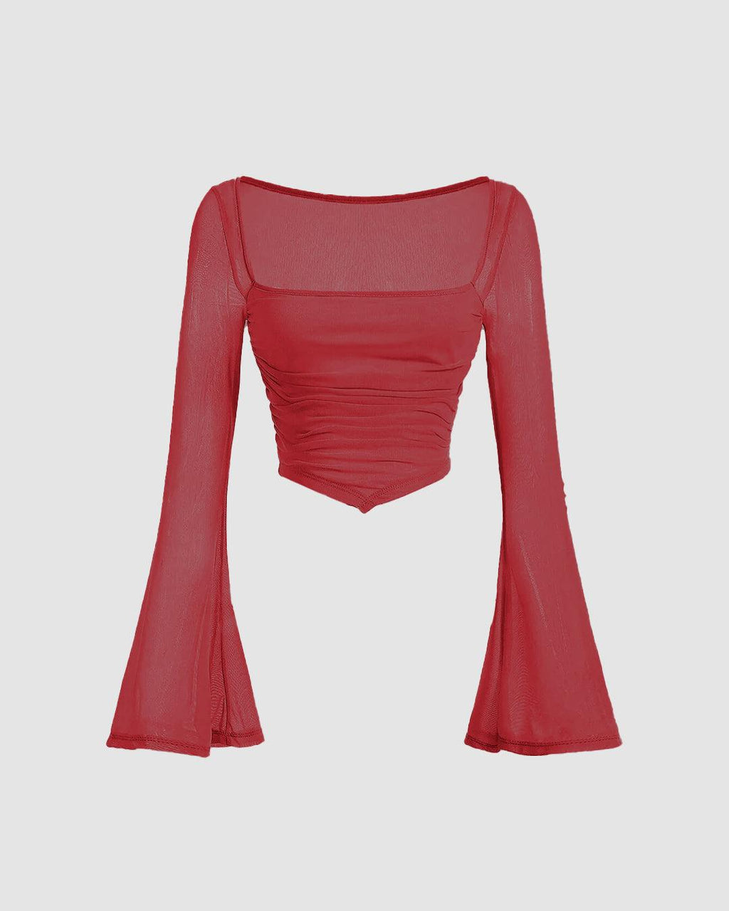 Square Neck Bell Sleeve Asymmetrical Sheer Mesh Red Crop Top