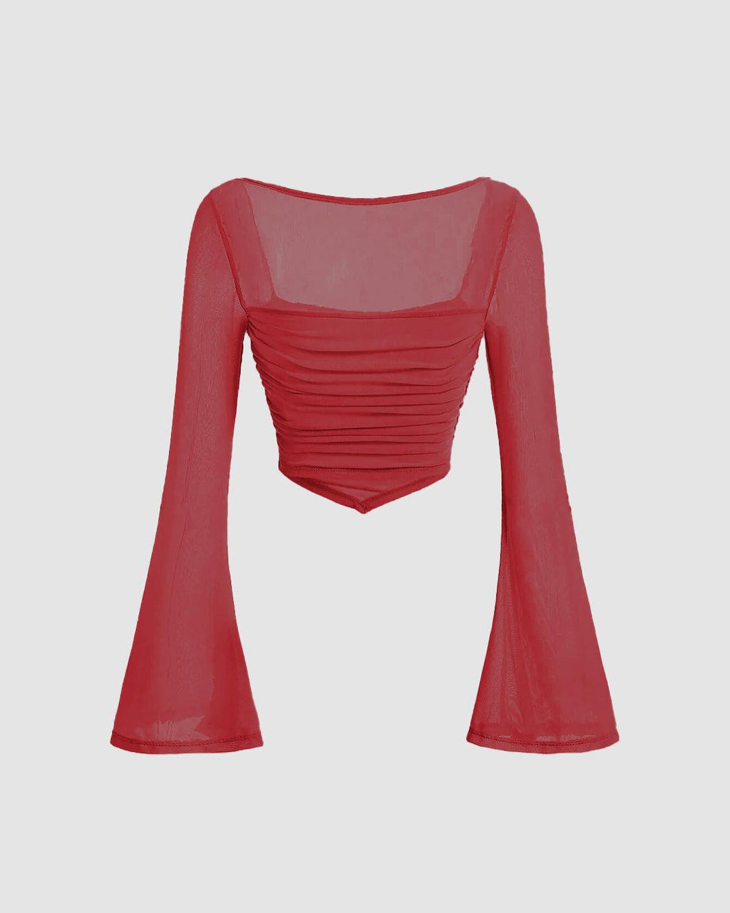 Square Neck Bell Sleeve Asymmetrical Sheer Mesh Red Crop Top