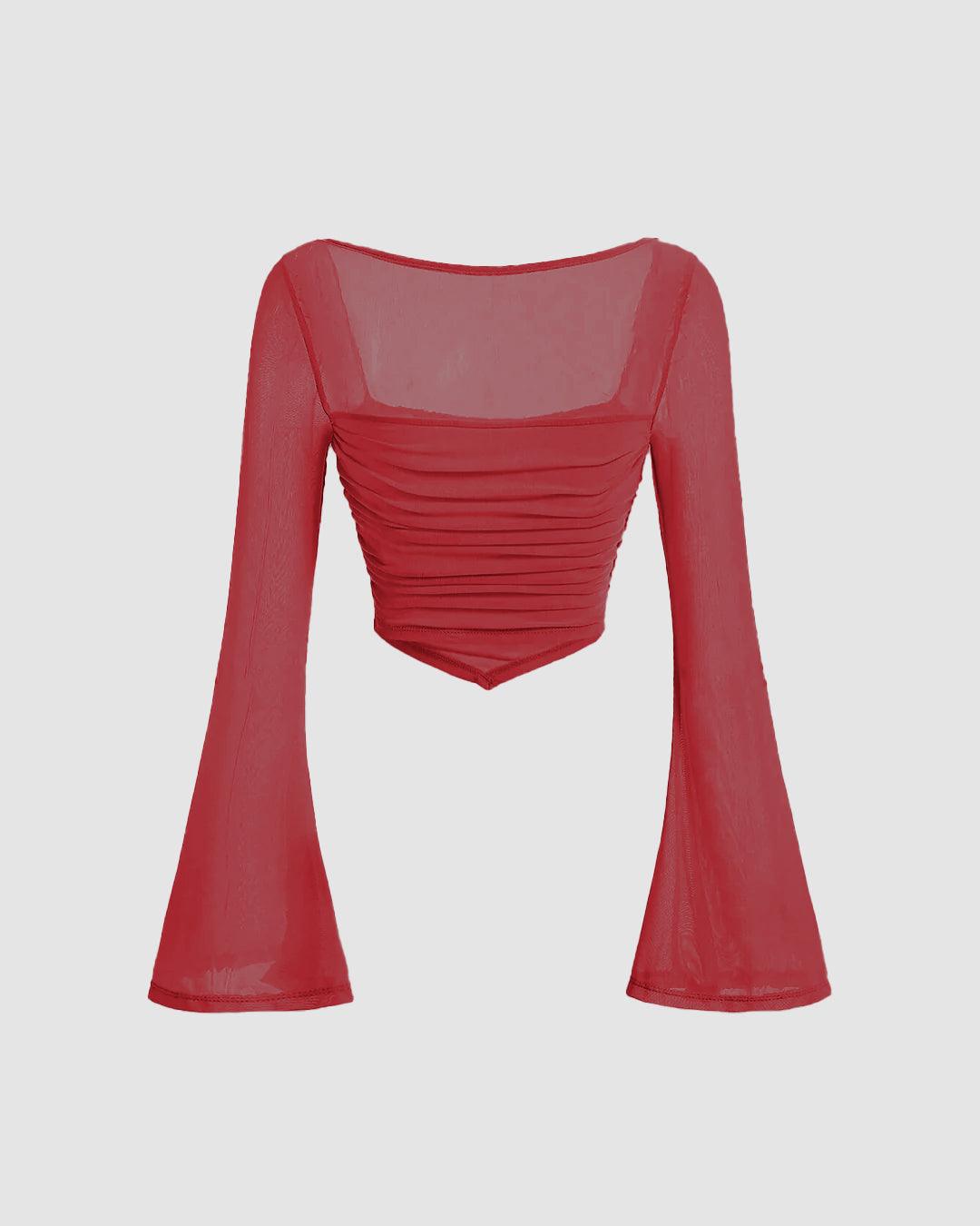 Square Neck Bell Sleeve Asymmetrical Sheer Mesh Red Crop Top