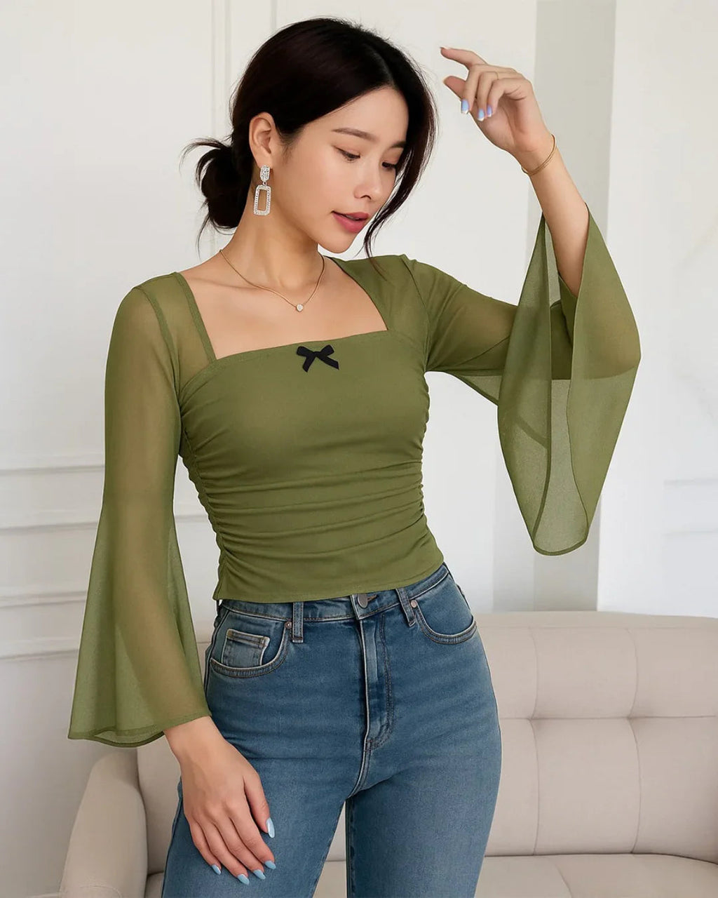 Square Neck Bow Decorated Long Sleeve Green Top