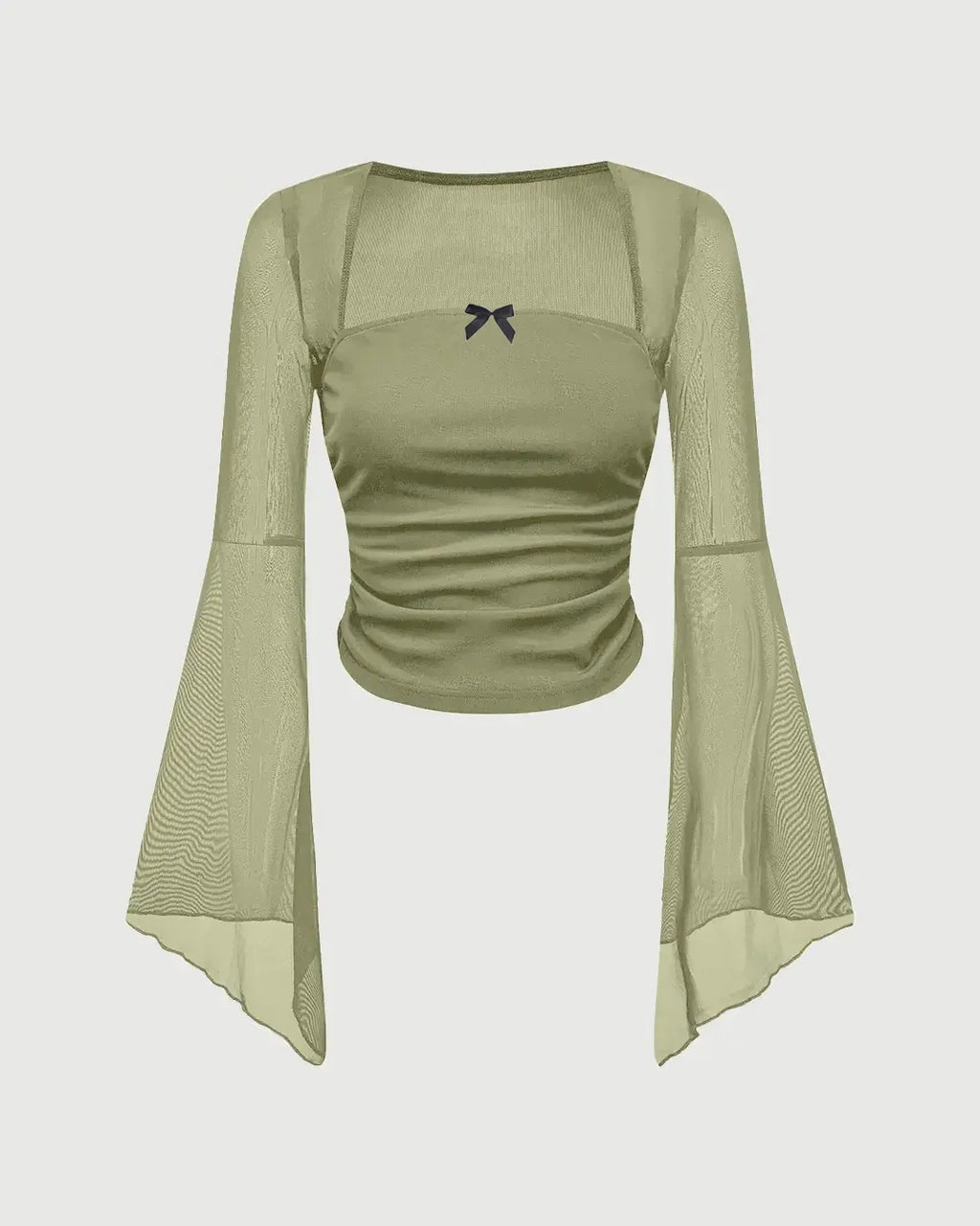Square Neck Bow Decorated Long Sleeve Green Top