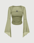 Square Neck Bow Decorated Long Sleeve Green Top