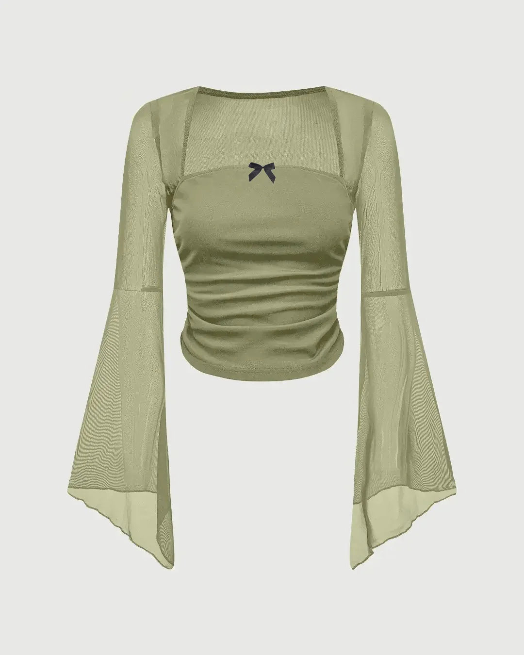 Square Neck Bow Decorated Long Sleeve Green Top