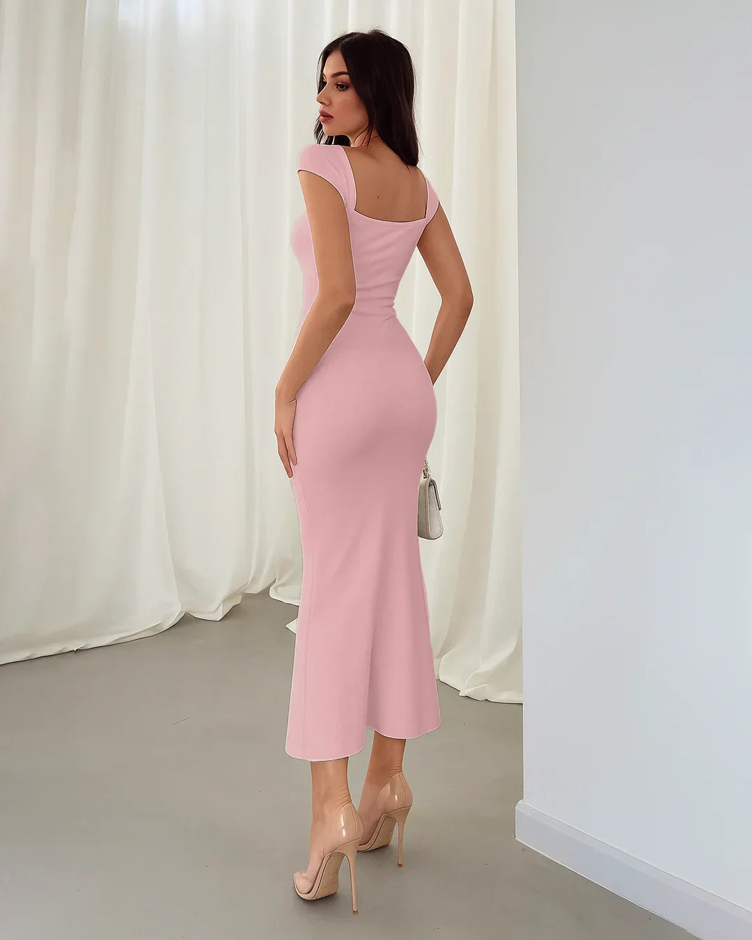 Square Neck Cap Sleeve Bodycon Midi Dress in Dusty Pink