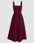 Square Neck Flared Burgundy Maxi Dress
