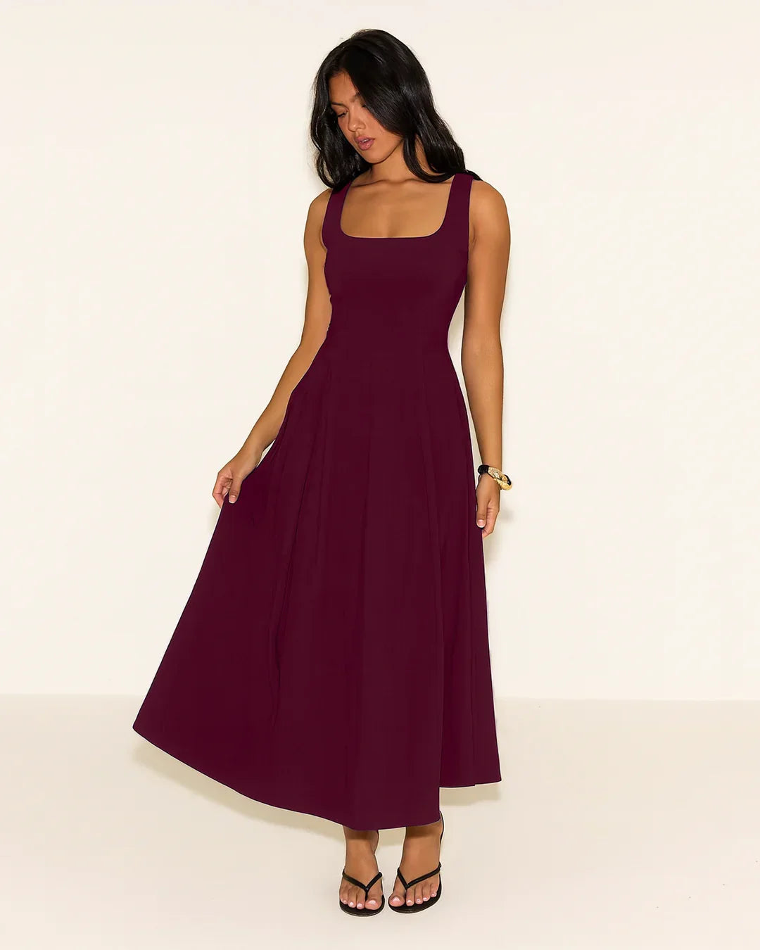 Square Neck Flared Burgundy Maxi Dress
