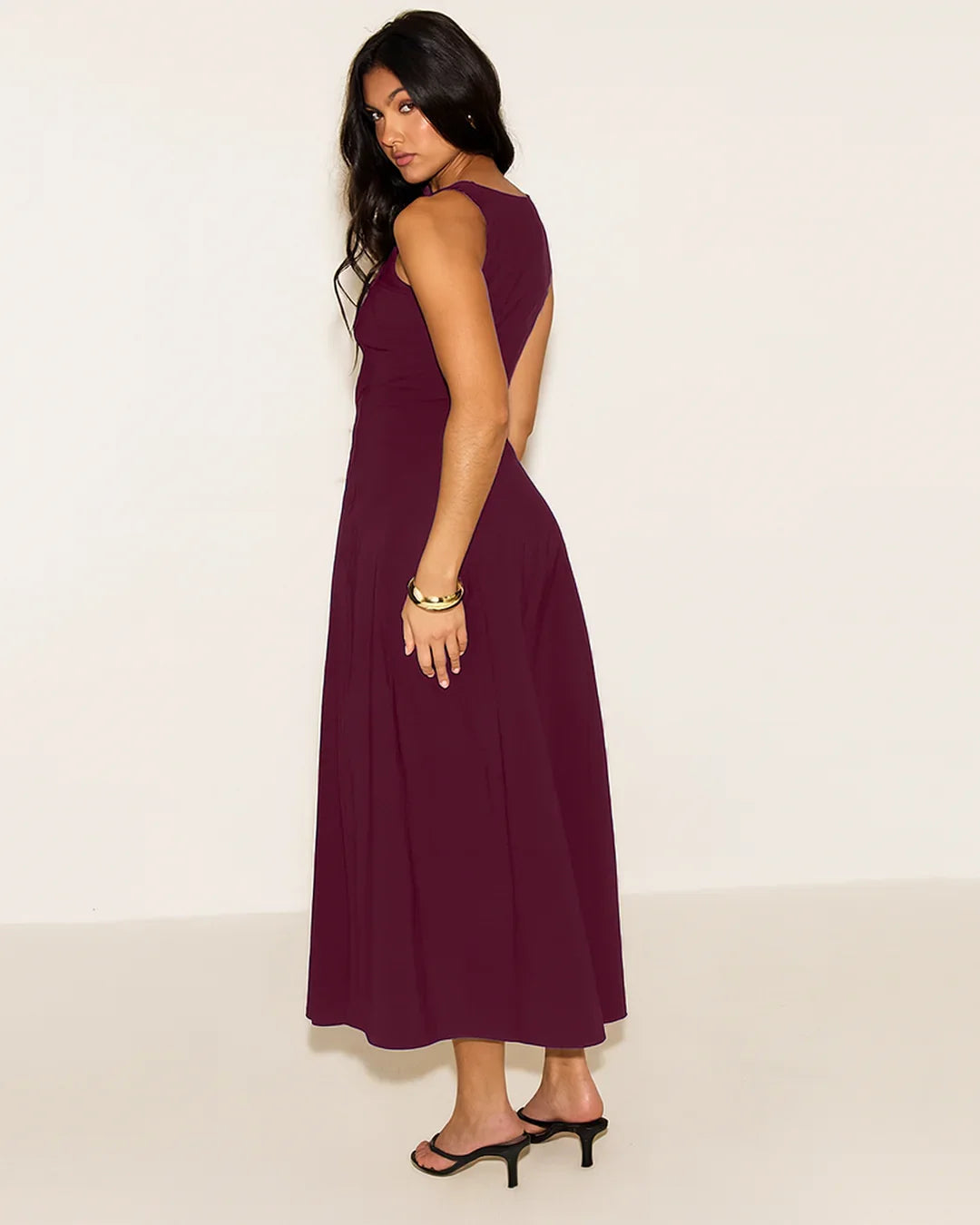 Square Neck Flared Burgundy Maxi Dress