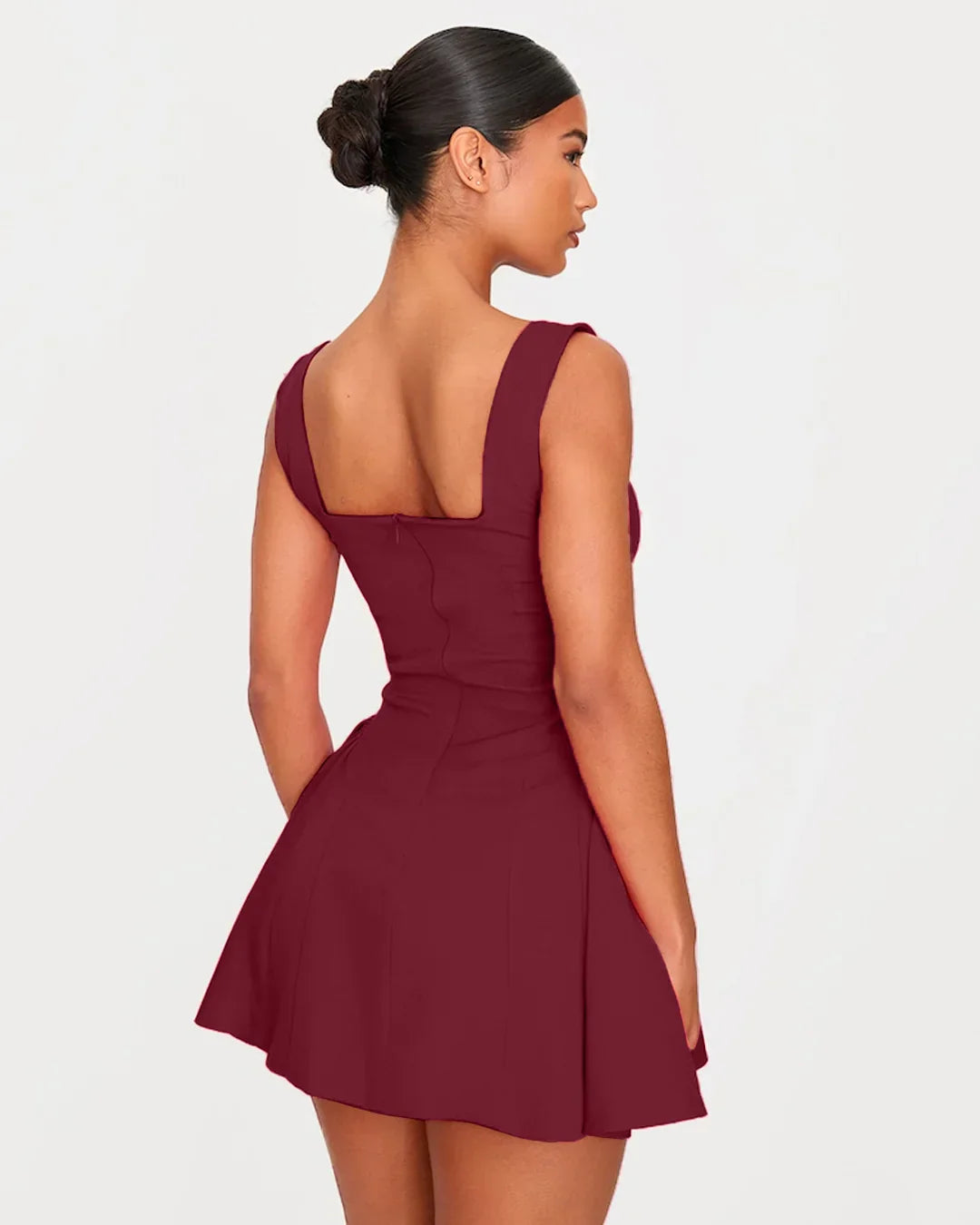 Square Neck Fit & Flare Mini Dress in Burgundy