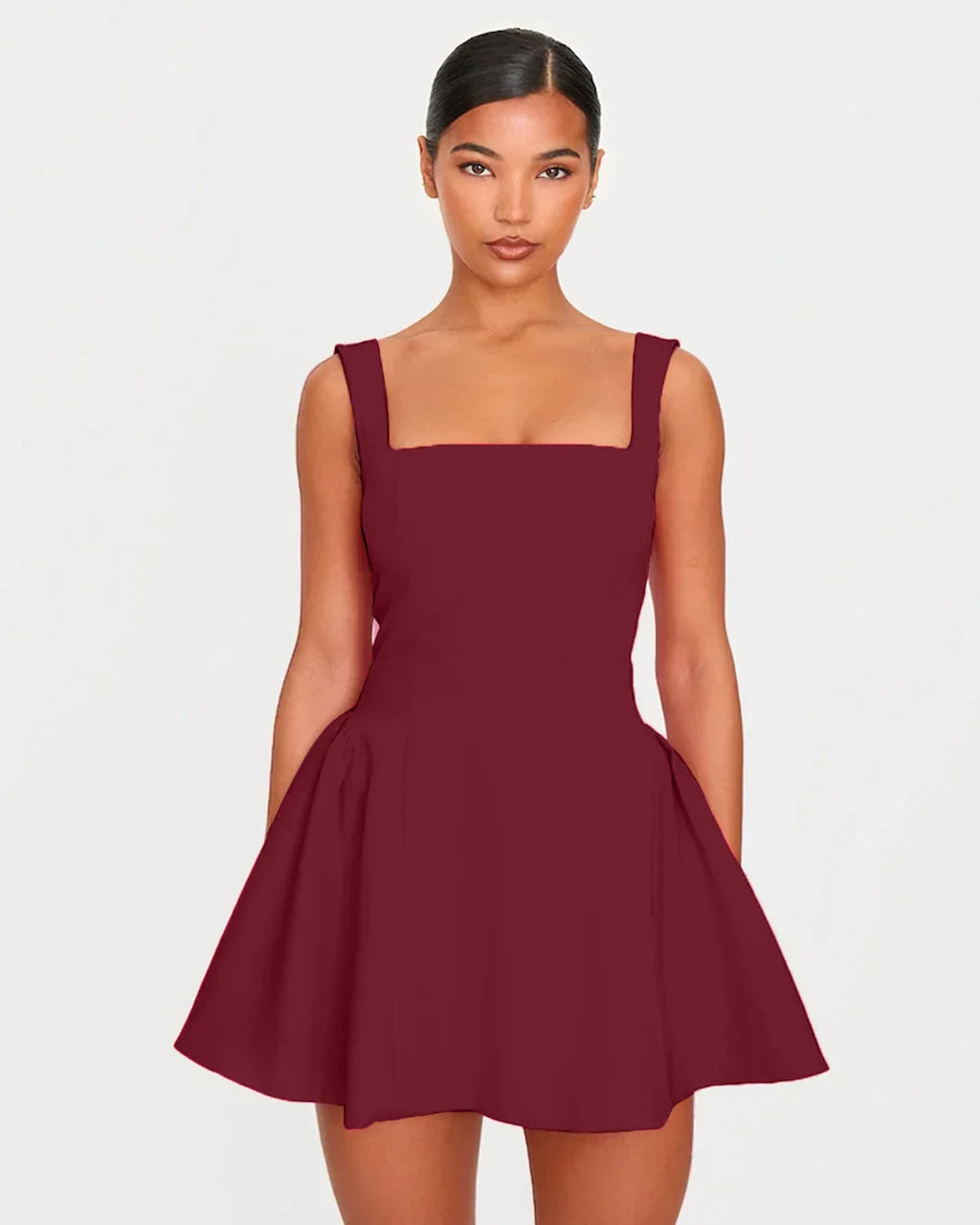 Square Neck Fit & Flare Mini Dress in Burgundy