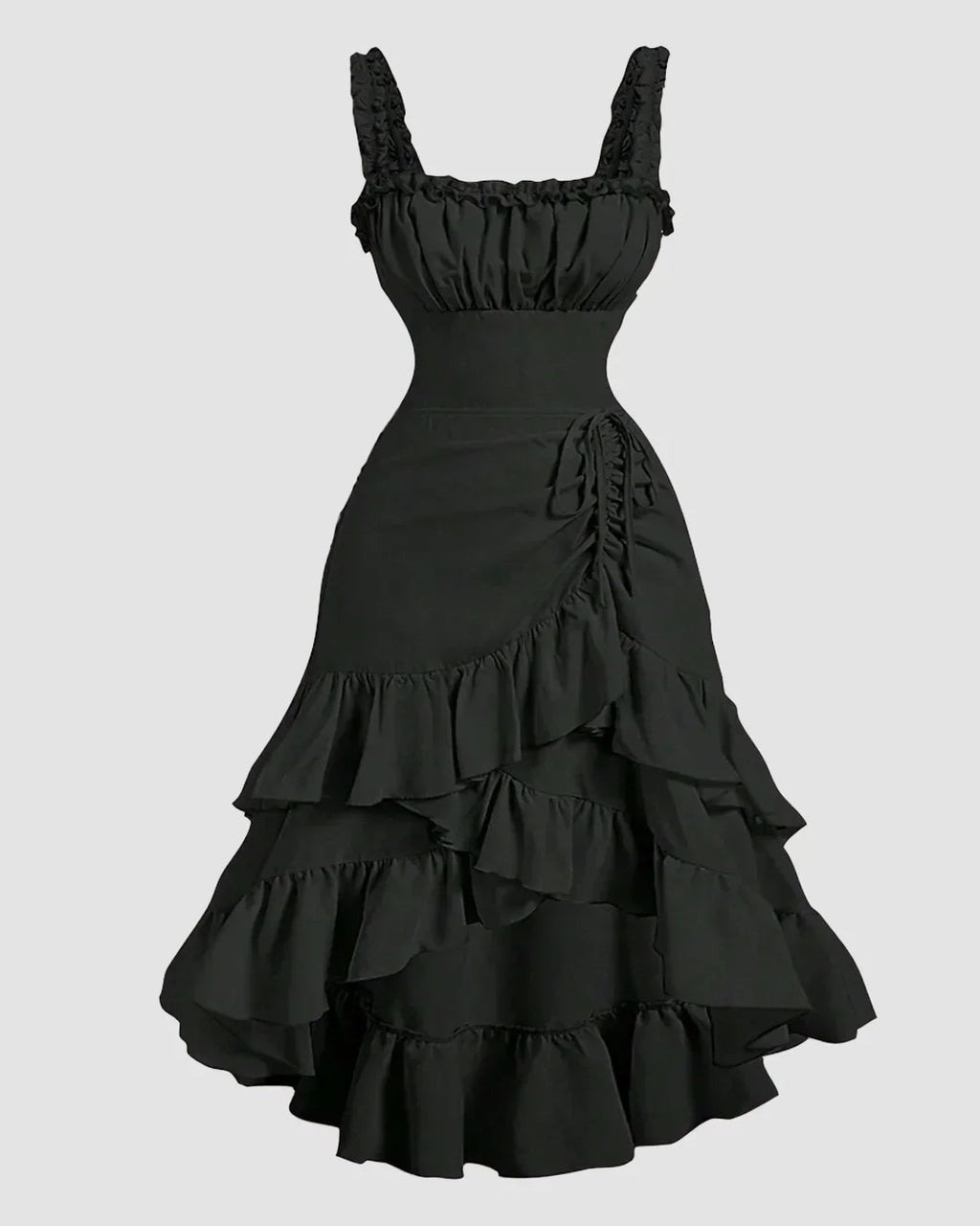 Square Neck Fit and Flare Ruffle Midi Dress in Black