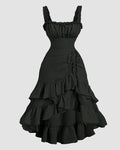 Square Neck Fit and Flare Ruffle Midi Dress in Black