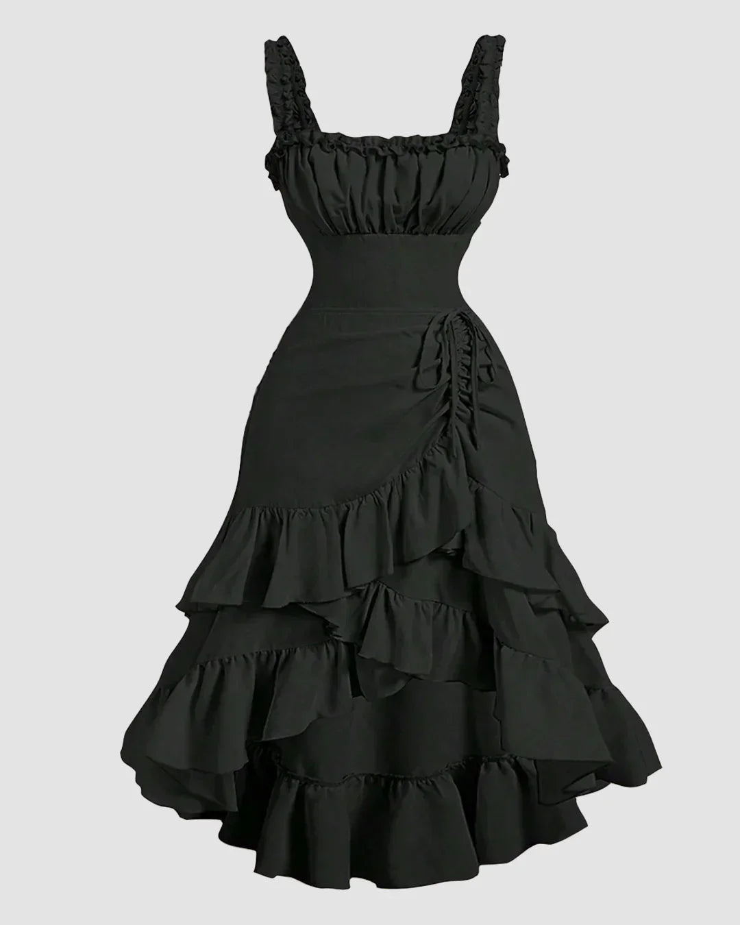 Square Neck Fit and Flare Ruffle Midi Dress in Black