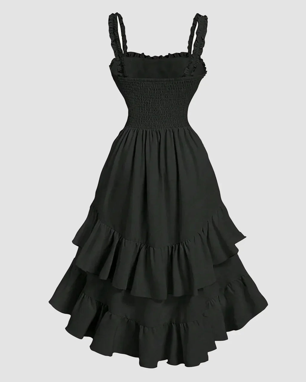 Square Neck Fit and Flare Ruffle Midi Dress in Black