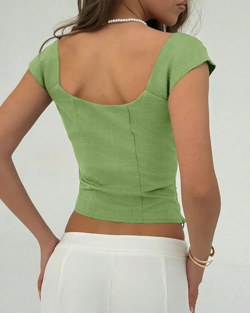 Casual Square Neck Slim Fit Solid Top in Green
