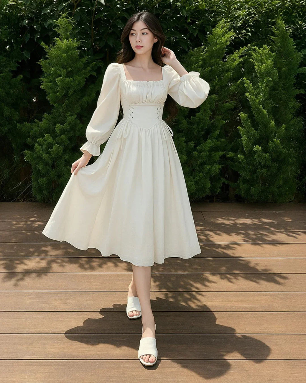 Square Neck Flare Sleeve Lace Up Waist Ruched Bust Vintage Dress In Cream