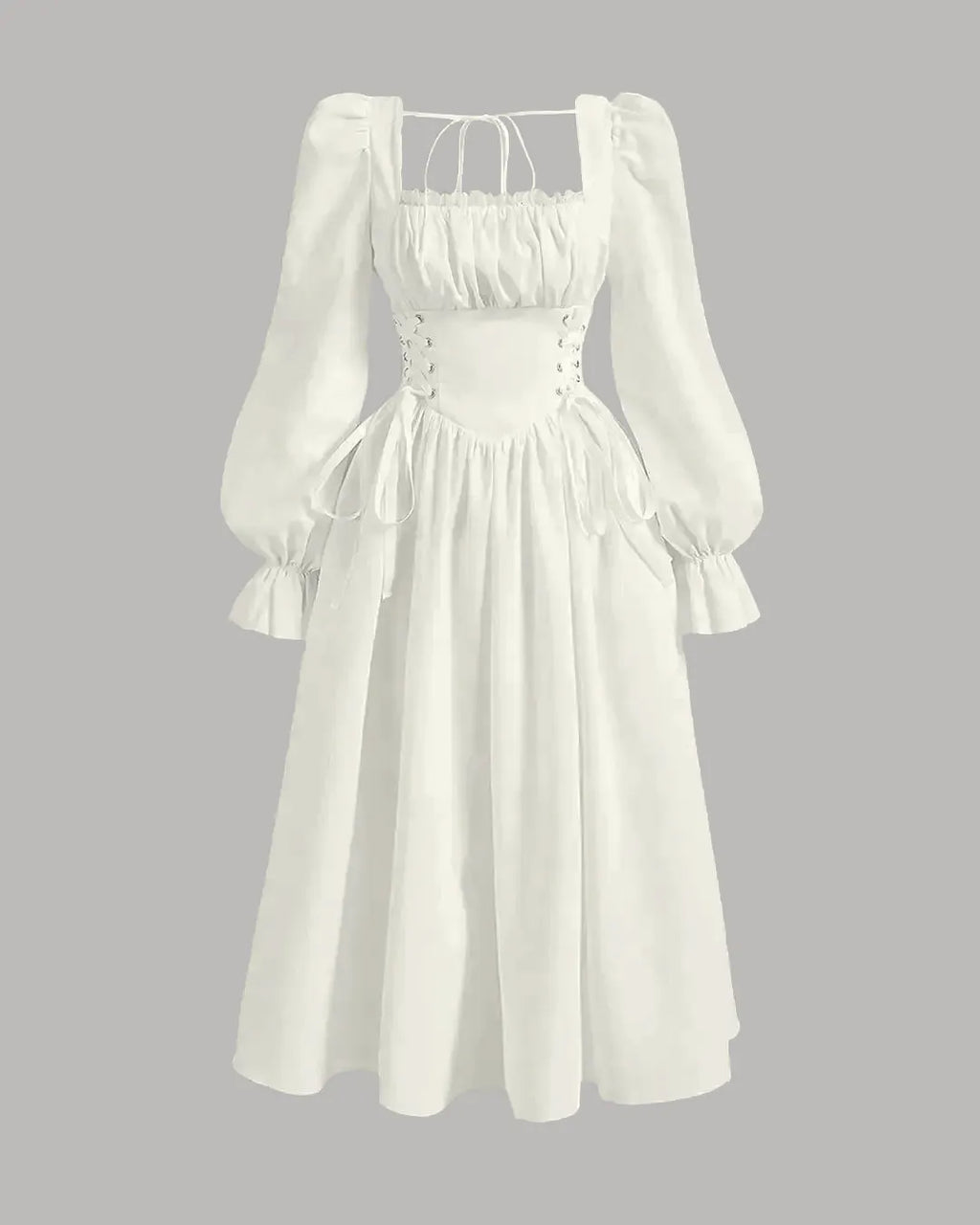 Square Neck Flare Sleeve Lace Up Waist Ruched Bust Vintage Dress In Cream