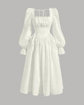 Square Neck Flare Sleeve Lace Up Waist Ruched Bust Vintage Dress In Cream