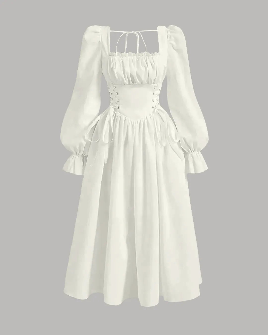 Square Neck Flare Sleeve Lace Up Waist Ruched Bust Vintage Dress In Cream