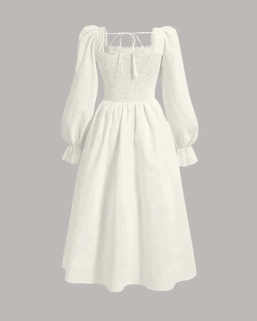 Square Neck Flare Sleeve Lace Up Waist Ruched Bust Vintage Dress In Cream