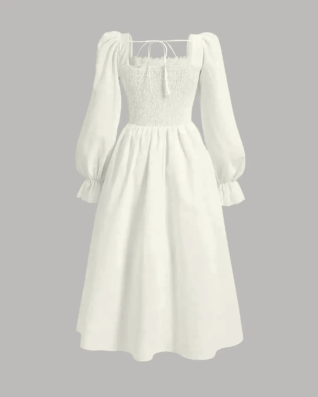 Square Neck Flare Sleeve Lace Up Waist Ruched Bust Vintage Dress In Cream