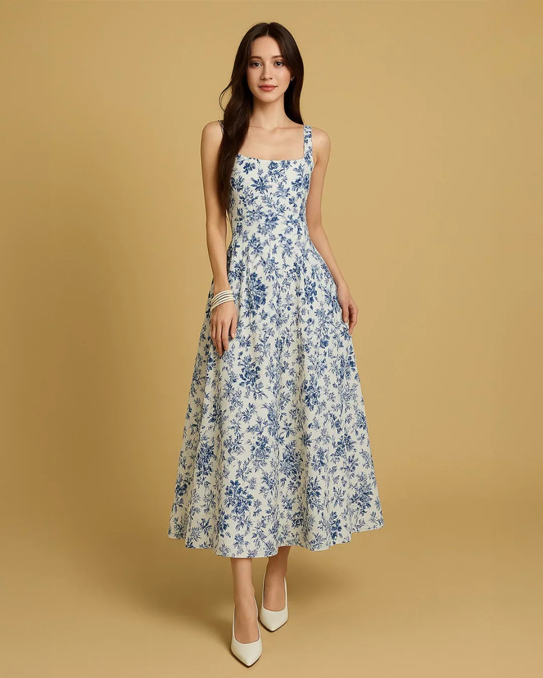 Square Neck Floral Fit and Flare Midi Dress