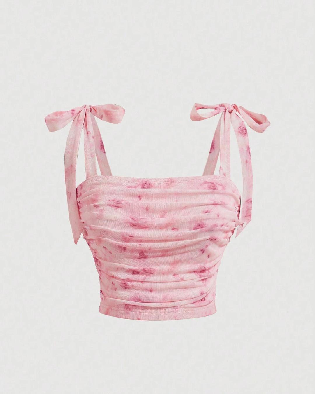 Square Neck Floral Tie Strap Sleeveless Crop Top in Pink