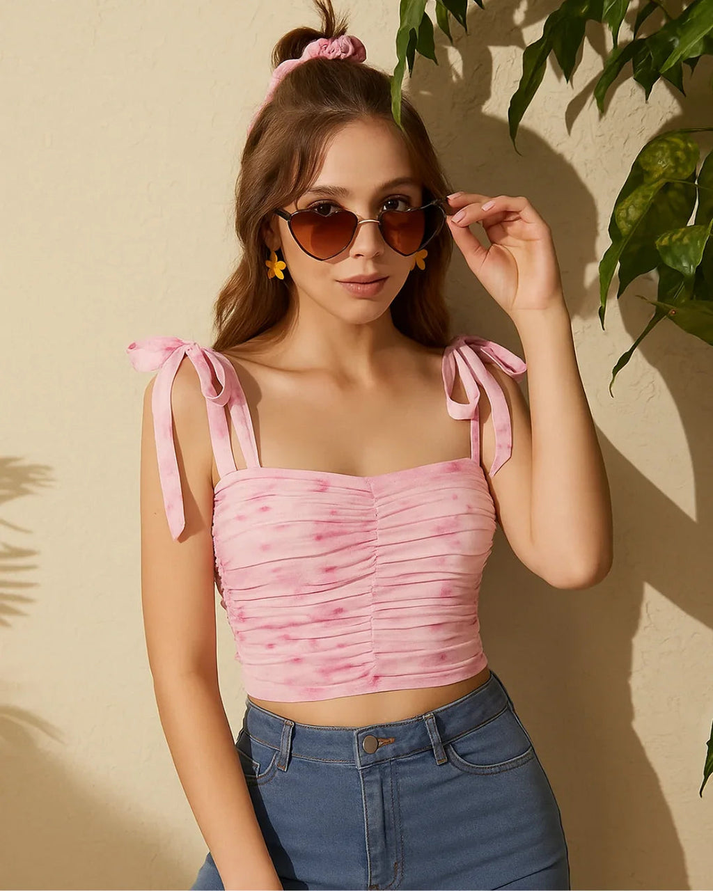 Square Neck Floral Tie Strap Sleeveless Crop Top in Pink