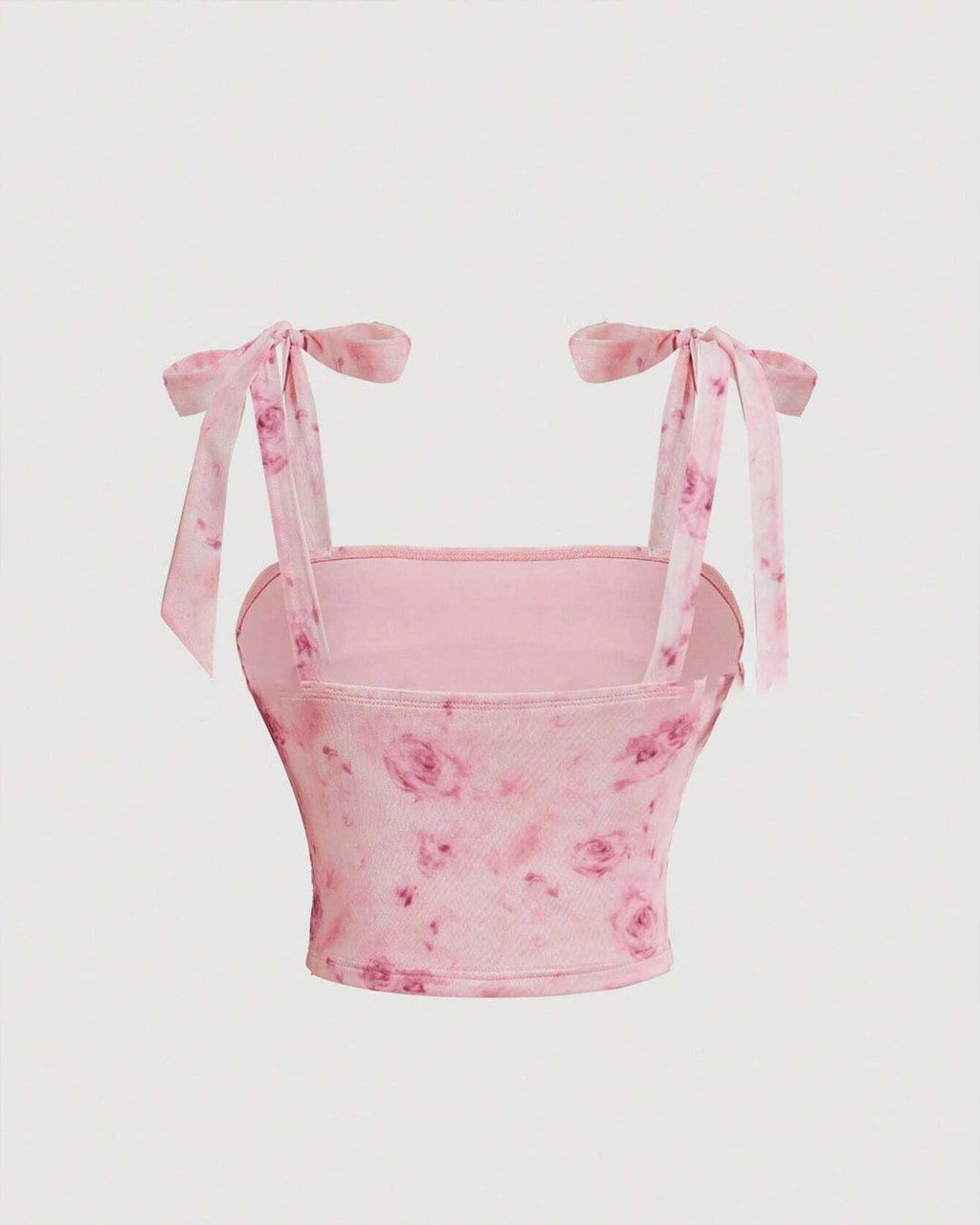 Square Neck Floral Tie Strap Sleeveless Crop Top in Pink