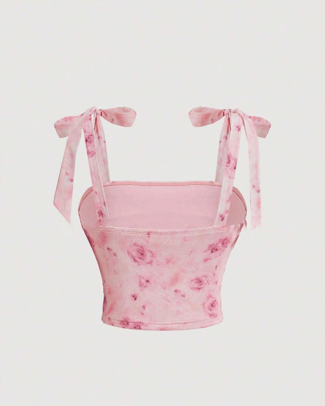 Square Neck Floral Tie Strap Sleeveless Crop Top in Pink