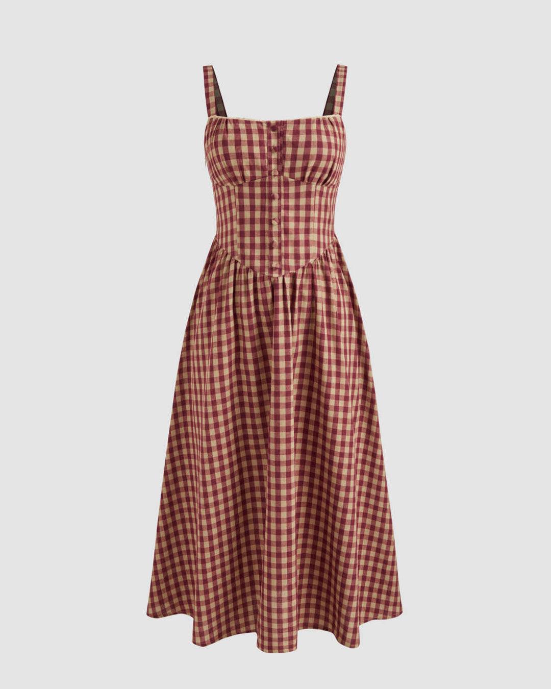 Square Neck Gingham Maxi Dress In Red