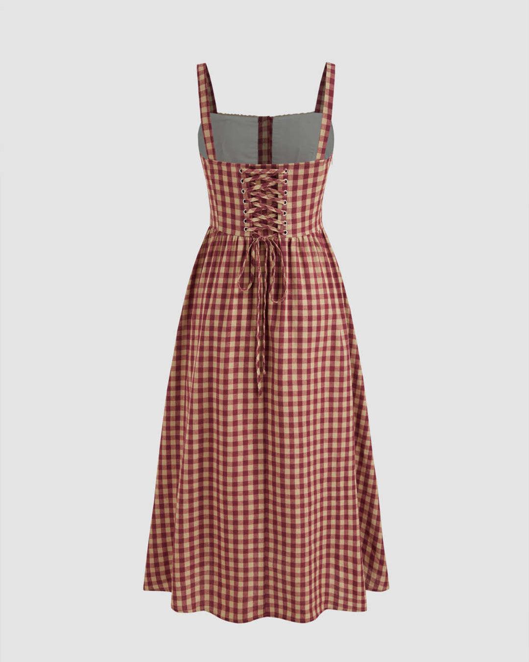 Square Neck Gingham Maxi Dress In Red