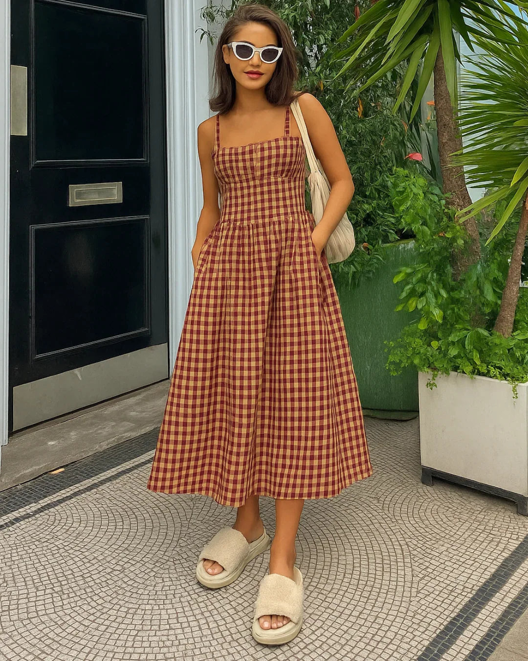 Square Neck Gingham Maxi Dress In Red