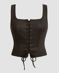 Square Neck Lace Corset Top with Boned Structure in Brown