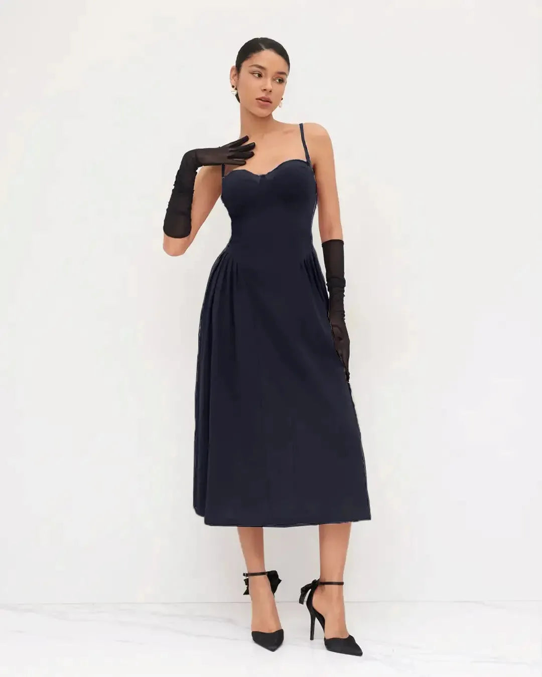 Square Neck Lace Trim Ruffle Navy Blue Maxi Dress