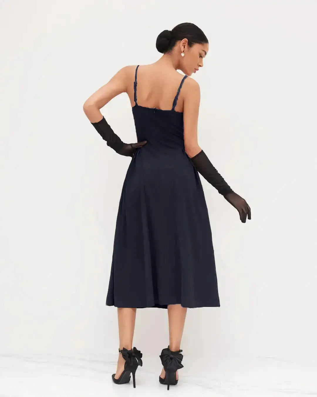 Square Neck Lace Trim Ruffle Navy Blue Maxi Dress