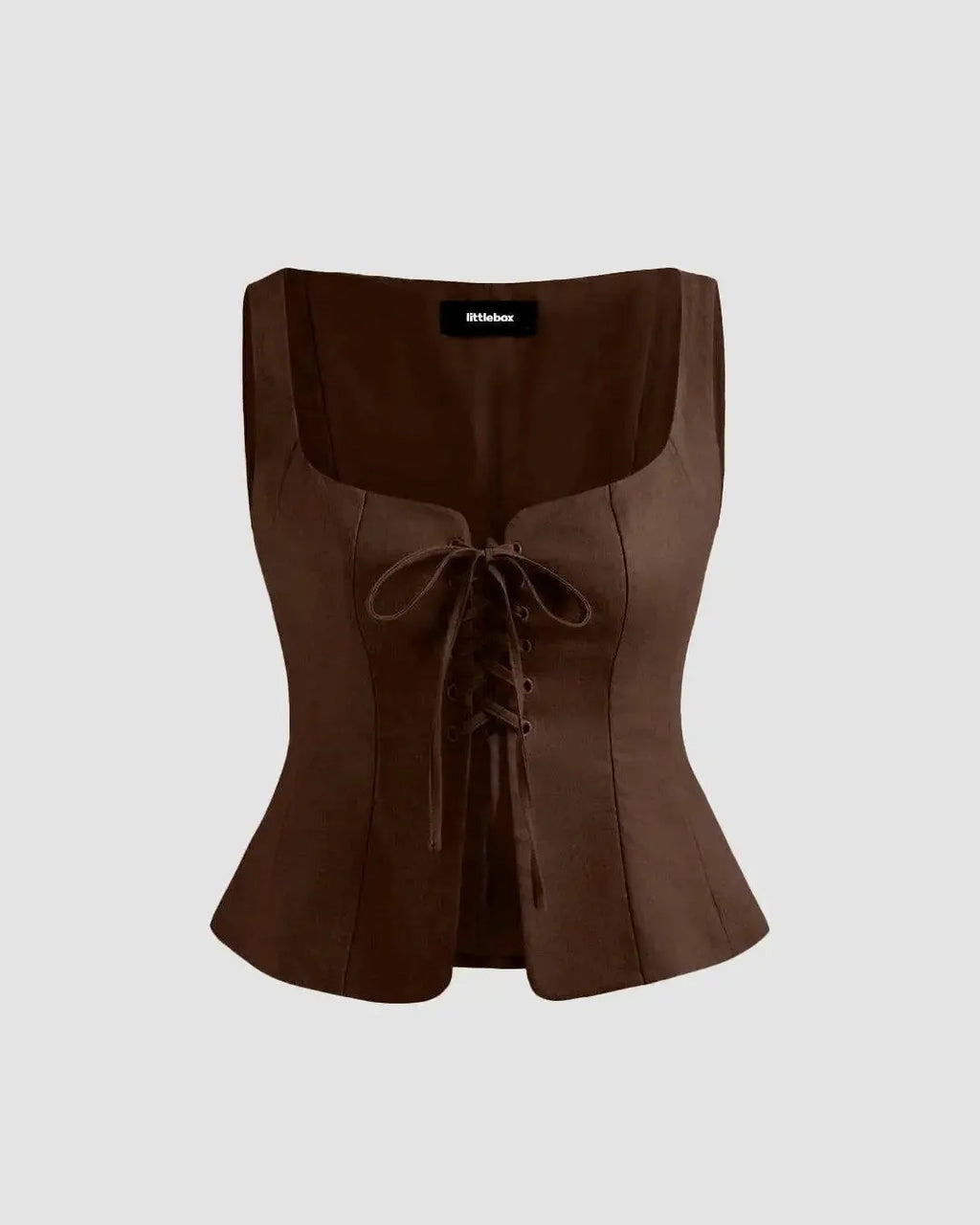 Square Neck Lace Up Sleeveless Chocolate Brown Tank Top