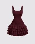 Square Neck Layered Cake Dress In Cherry Red