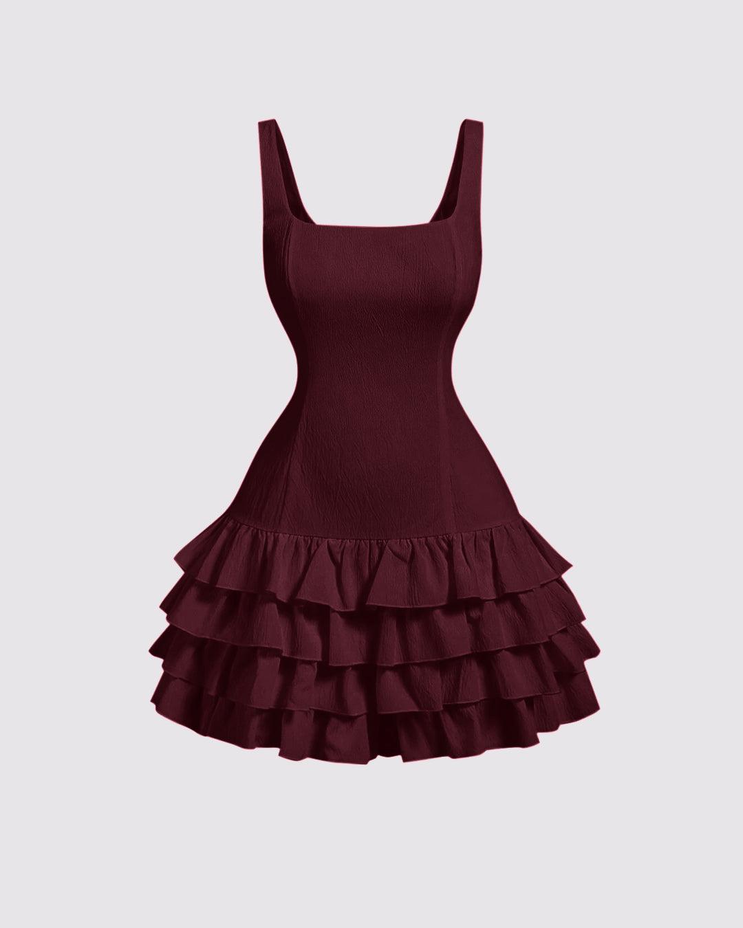 Square Neck Layered Cake Dress In Cherry Red