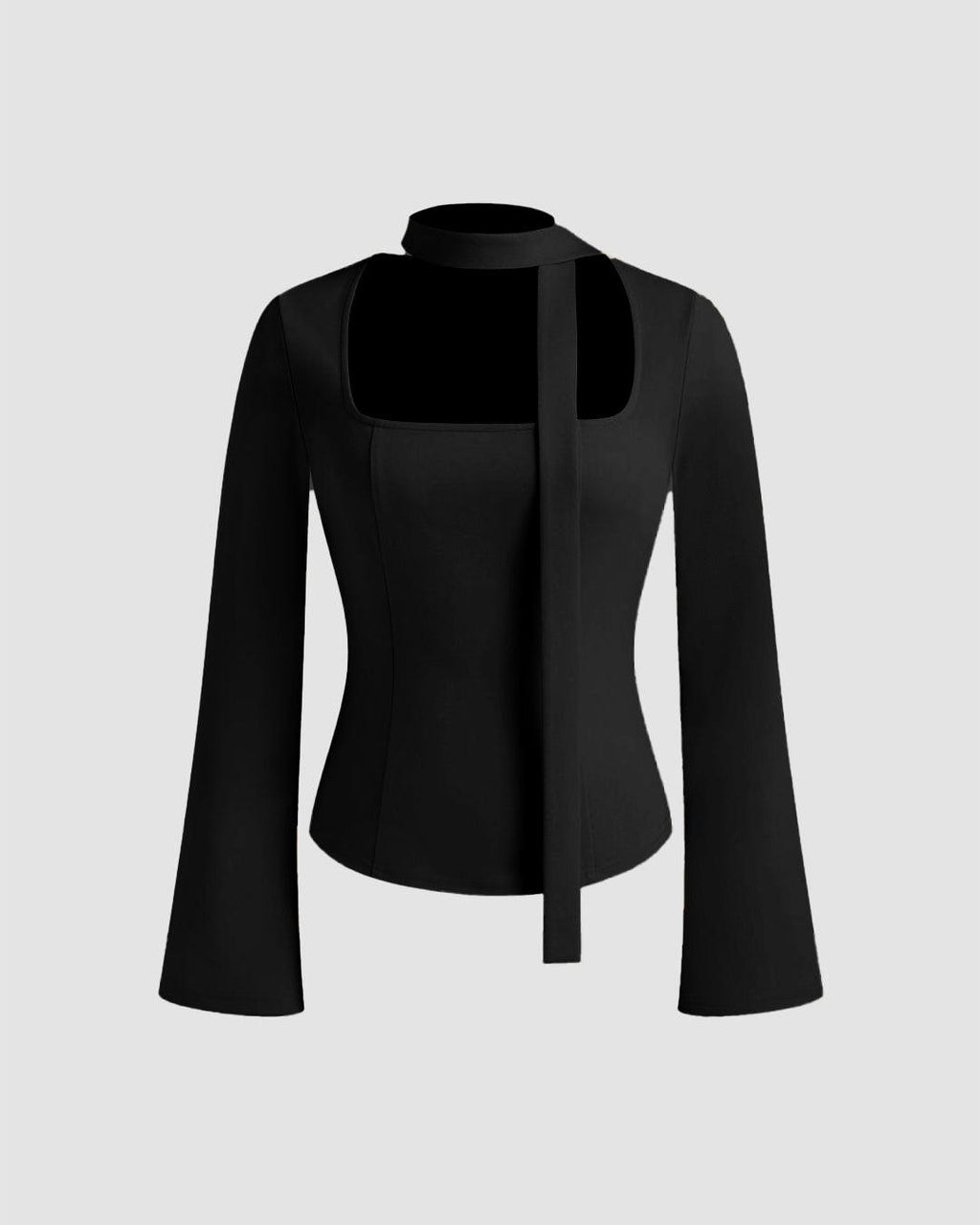 Square Neck Long Sleeve Top With Scarf In Black